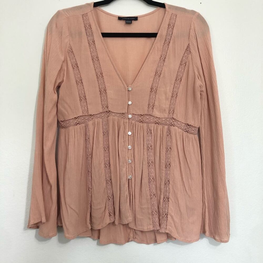 American Eagle Pale Blush Pink Lace Peasant Top